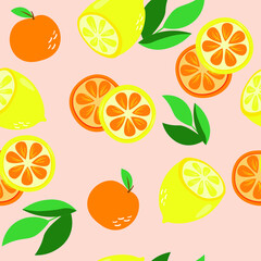 Bright seamless pattern with fruits, oranges, lemons, and leaves. Vector graphics