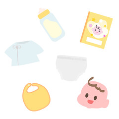 赤ちゃんと赤ちゃんグッズイラスト素材