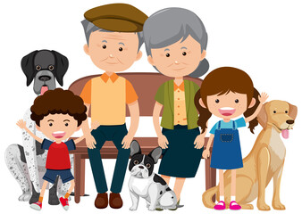 Family members with their pet dog on white background