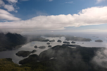 View of many little islands in the ocean from above. Pacific Rim National Park. Tofino. Vancouver Island. British Columbia. Canada 