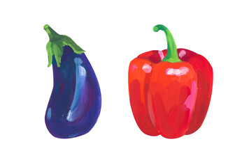 Paprika and eggplant. Hand drawn acrylic or gouache illustration on white