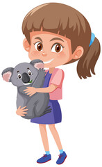 Girl holding cute animal cartoon character isolated on white background