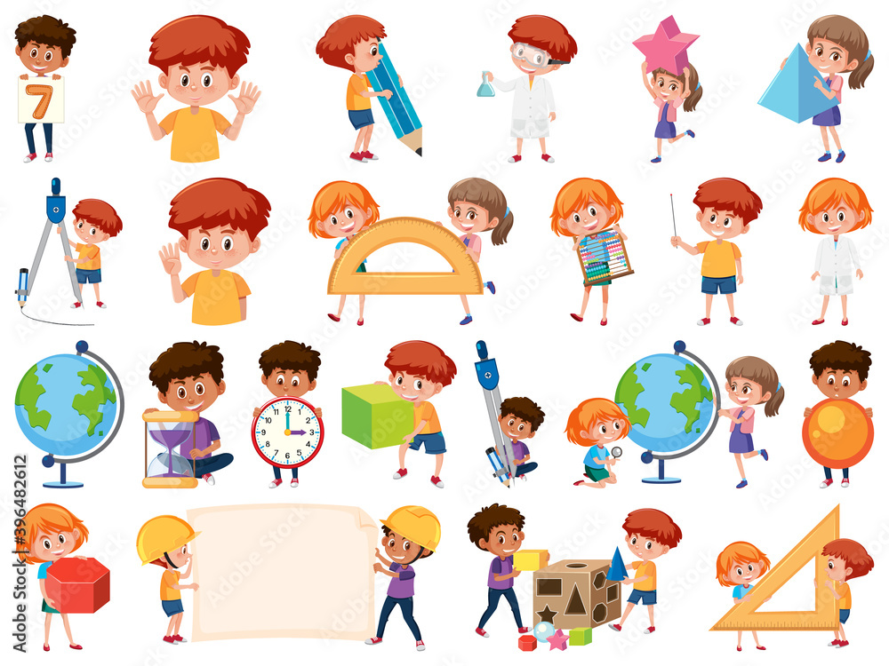 Sticker set of children with education objects isolated