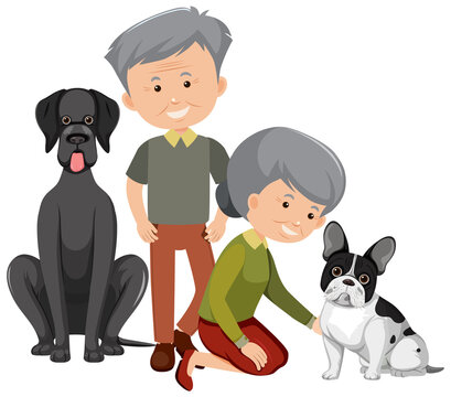 Old couple with their dogs on white background