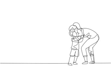 Single continuous line drawing of young mother hugging her son who wants to go to school, parenthood time. Family parenting concept. Trendy one line draw graphic design vector illustration