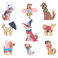 Cute Dogs of Different Breeds in Festive Costumes Set, Funny Pets Animals Dressed for Masquerade, Carnival, Party, Holiday Celebration Cartoon Style Vector Illustration