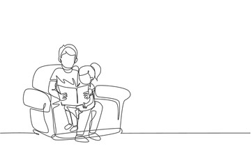 One continuous line drawing young dad siting on sofa and reading a storybook to his daughter at home, family life. Happy parenting concept. Dynamic single line draw design vector graphic illustration