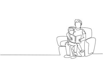 One continuous line drawing young father siting on sofa and reading a story book to his son at home, family life. Happy parenting concept. Dynamic single line draw design vector illustration graphic