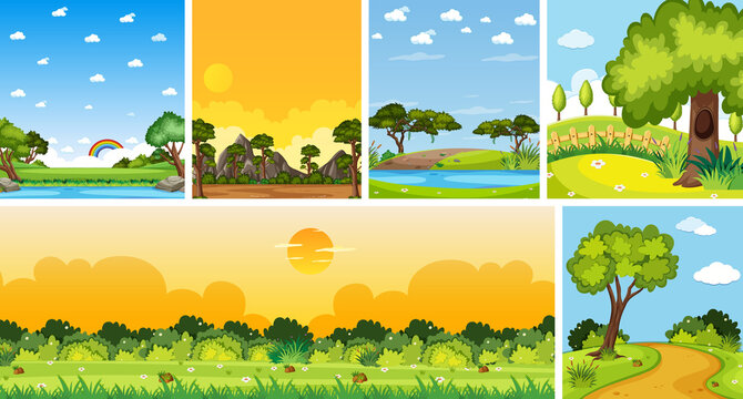 Set of different nature place scene in vertical and horizon scenes at daytime