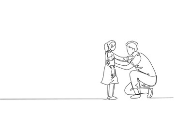 Fototapeta premium Single continuous line drawing of young dad giving some wise advice talk to his daughter at home. Happy family parenting concept. Trendy one line draw design graphic vector illustration