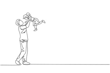 One continuous line drawing of young happy father raising his daughter up in the air, family play together. Happy loving parenting family concept. Dynamic single line draw design vector illustration