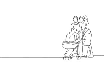 One single line drawing of young happy mother and father pushing baby trolley together ah outdoor park graphic vector illustration. Parenting education concept. Modern continuous line draw design