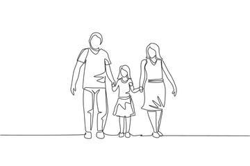 One continuous line drawing of young happy mom and dad lead their daughter walking together. Happy loving parenting family concept. Dynamic single line draw graphic design vector illustration