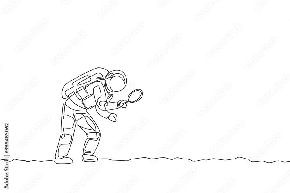 Poster one continuous line drawing of young astronaut holding magnifier and search for foot trace in moon s