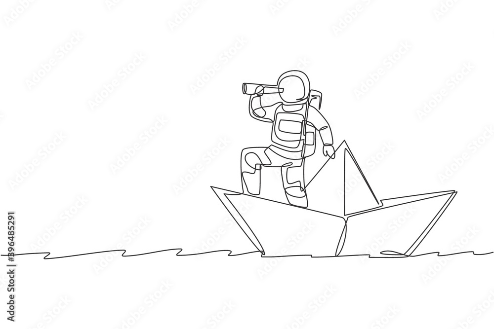 Poster one single line drawing young astronaut look at forward using telescope while standing on paper boat