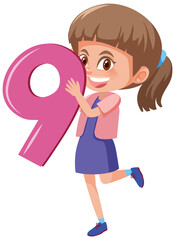 Student girl holding the number cartoon character isolated on white background