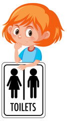 Girl holding toilets sign isolated on white background