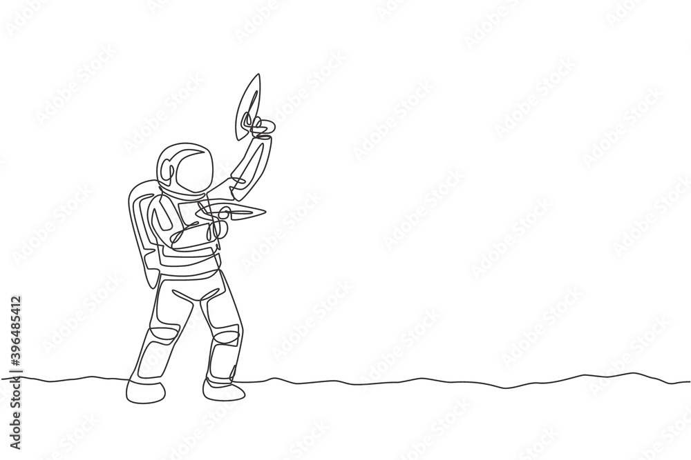 Poster one continuous line drawing of young astronaut shoot using space laser gun to kill enemy in moon sur