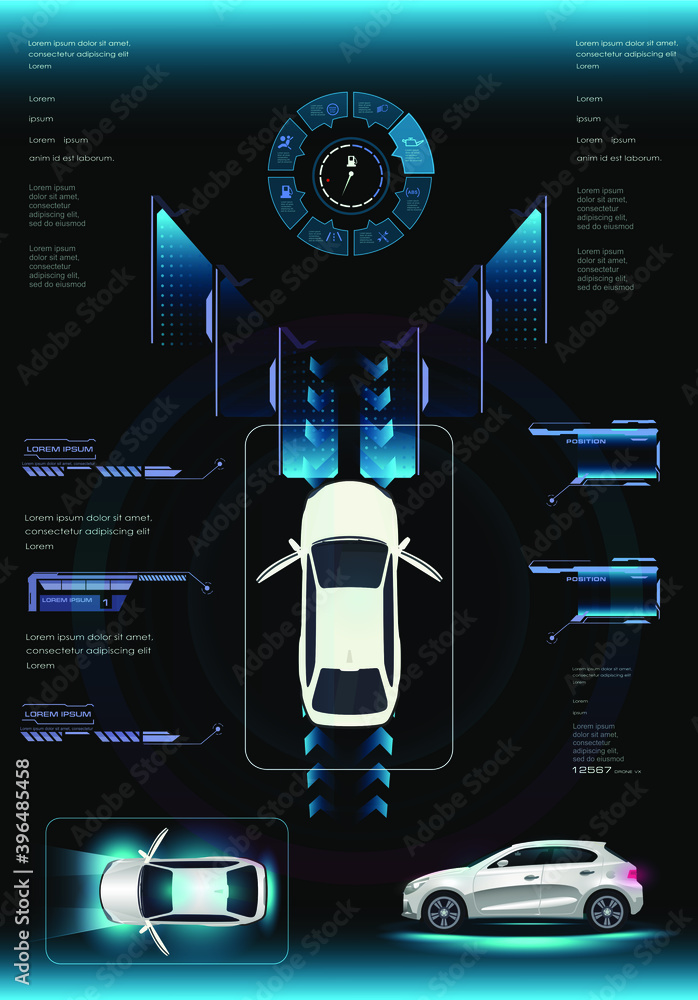 Poster holographic car user interface with hud, gui, ui elements. futuristic car concept with parameters on