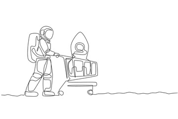 Single continuous line drawing of young astronaut pushing shopping cart in supermarket and buying rocket toy. Cosmonaut outer space concept. Trendy one line draw design graphic vector illustration © Simple Line
