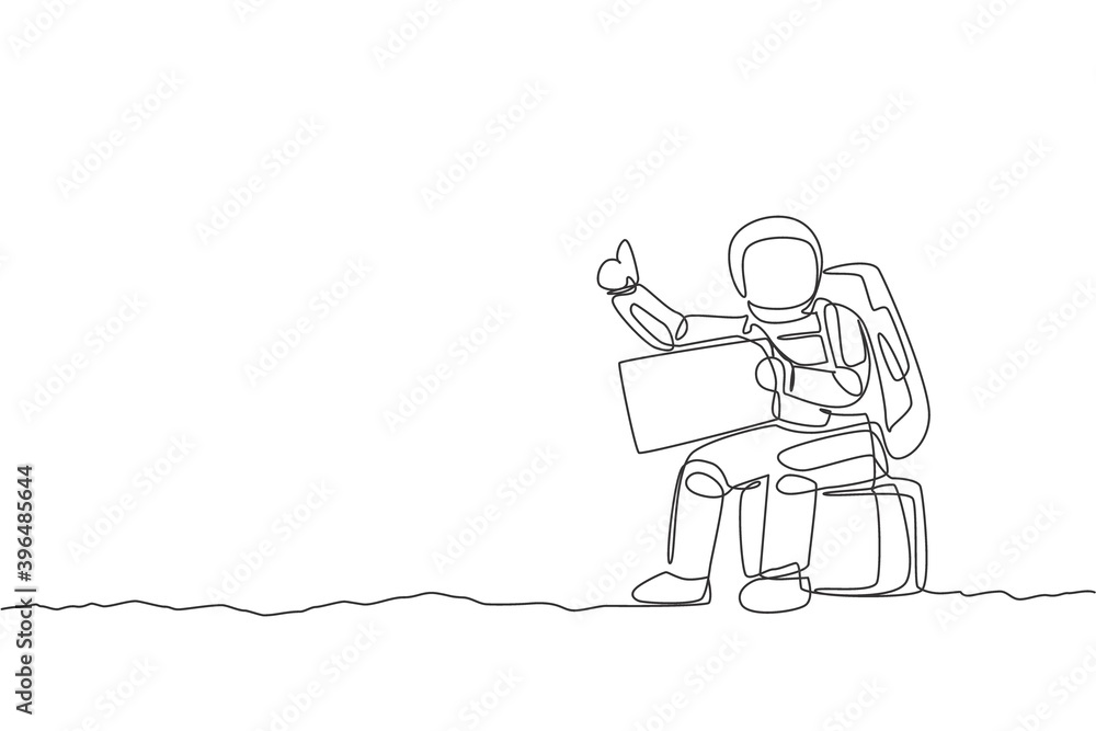 Aufkleber one single line drawing of astronaut hitchhiker siting on luggage while waiting for the ride in moon