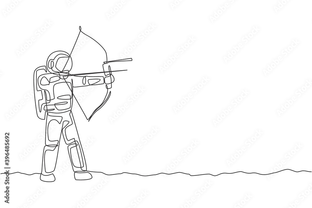 Poster one single line drawing of young astronaut focus training to improve his shot into target in moon su