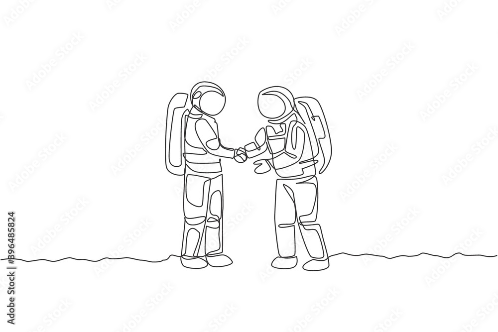 Aufkleber one single line drawing of two young happy astronauts giving handshake to deal project in moon surfa