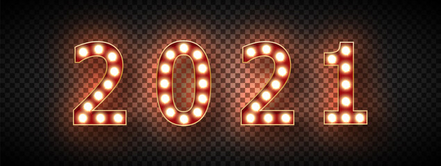 Figures for the new year 2021 with glowing lights along the contour. On a transparent background. Isolated. Gold edging. Additional the volume of each figure gives a shadow. 3D