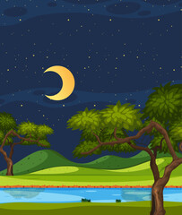 Vertical nature scene or landscape countryside with forest view and riverside blank sky at night