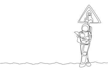 Obraz premium One continuous line drawing of astronaut standing and leaning to sign board while reading newspaper in moon surface. Space man deep space concept. Dynamic single line draw design vector illustration