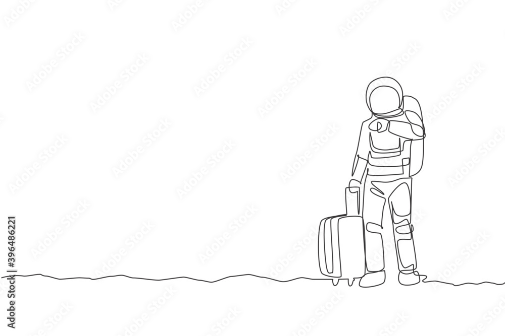 Poster one single line drawing astronaut looking to his wristwatch waiting for public transport in moon sur