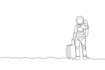One single line drawing astronaut looking to his wristwatch waiting for public transport in moon surface vector graphic illustration. Cosmonaut outer space concept. Modern continuous line draw design - obrazy, fototapety, plakaty