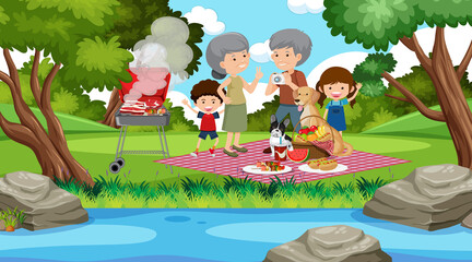 Picnic scene with happy family in the garden