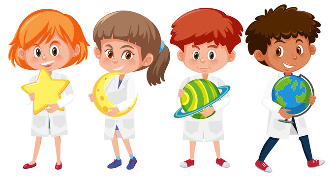 Set of kids in scientist costume holding planet or asteroid elemet isolated on white background