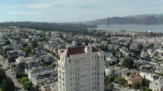 San Francisco Golden Gate Bridge from Pacific Heights Aerial Shot Rotate Right California USA