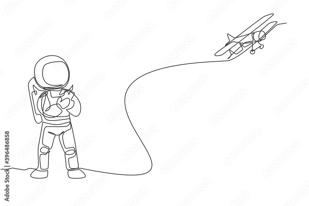 Poster one single line drawing of astronaut playing airplane radio control in moon land graphic vector illu