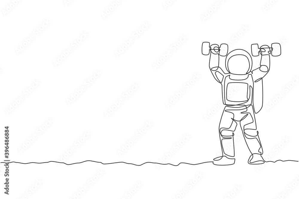 Aufkleber one continuous line drawing of astronaut exercising lifting dumbbell in moon cosmic galaxy. outer sp