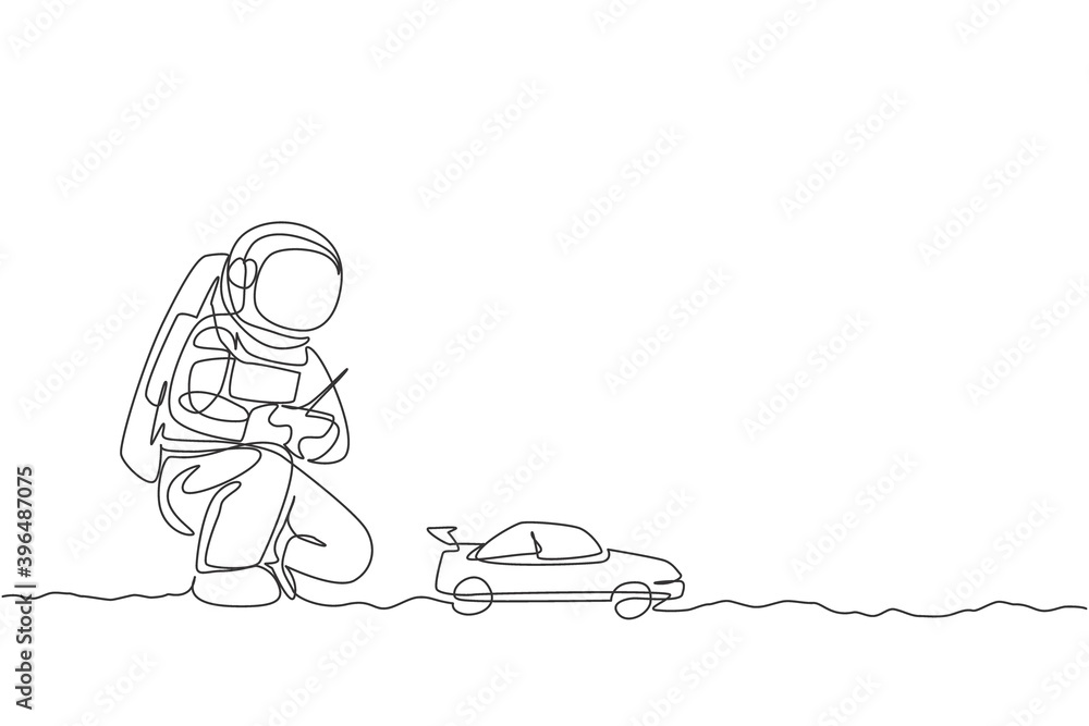 Poster one single line drawing of astronaut playing race car radio control in moon land vector illustration
