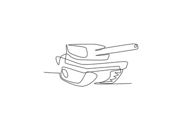 One continuous line drawing of metal war tank with cannon gun. Transportation vehicle concept. Dynamic single line draw design graphic vector illustration