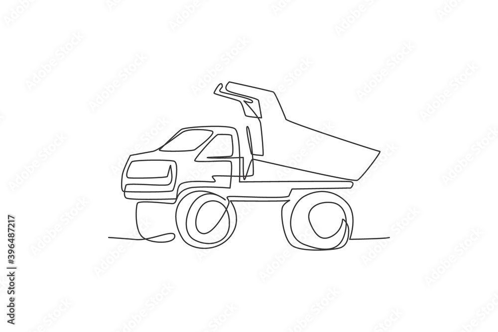 Poster one single line drawing of big mining dump truck to load coal and mining products vector illustratio