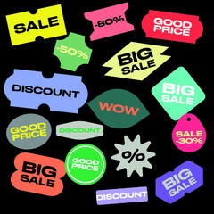 Set of colored stickers with discounts. Vector stickers for sale.