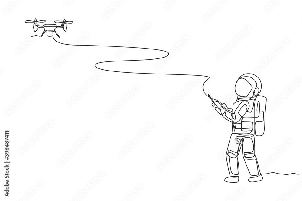 Poster one continuous line drawing of astronaut playing drone plane radio control in moon cosmic galaxy. ou