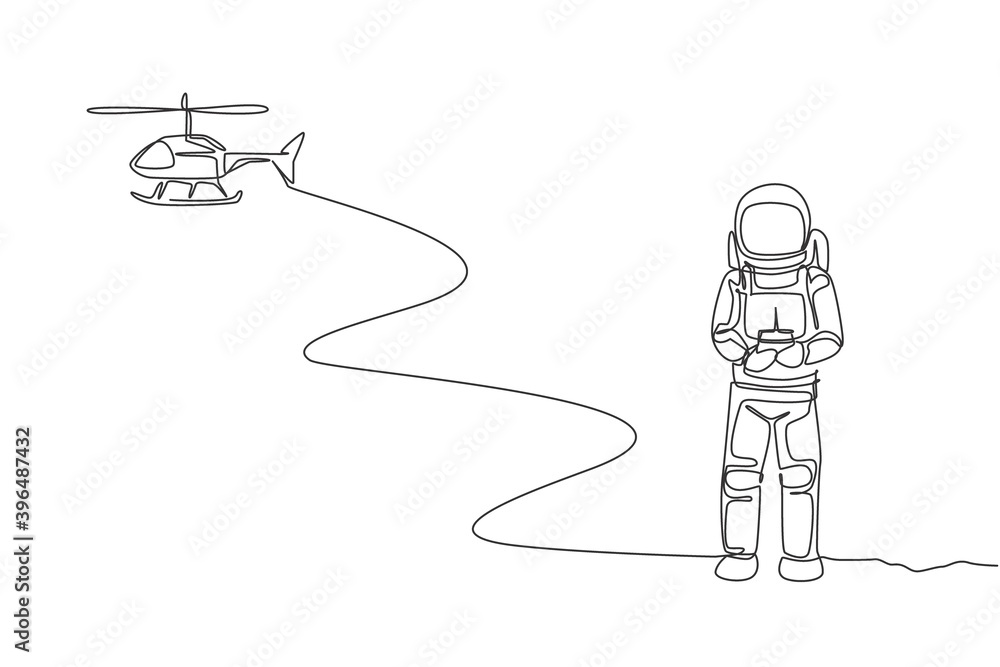 Poster single continuous line drawing of astronaut playing helicopter radio control in moon surface. having