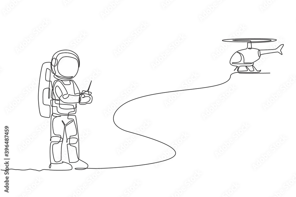Aufkleber single continuous line drawing of astronaut playing helicopter radio control in moon surface. having
