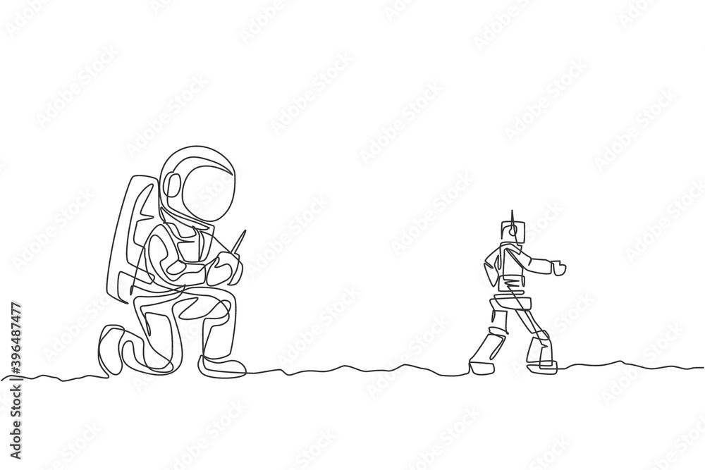 Poster one continuous line drawing of astronaut playing robot radio control in moon cosmic galaxy. outer sp