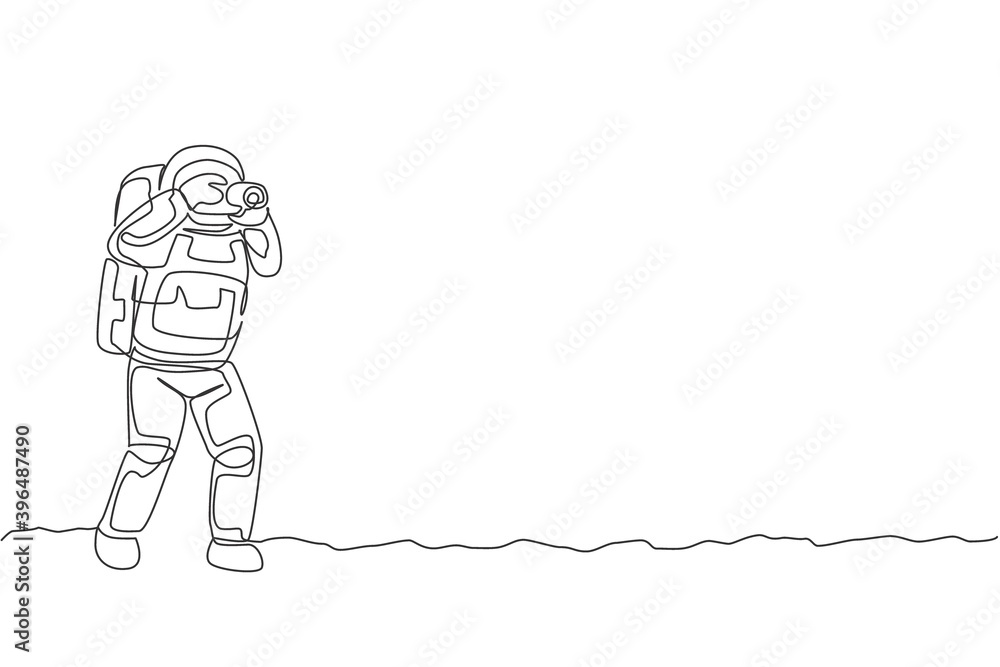 Poster one continuous line drawing of astronaut doing photography with dslr camera in moon cosmic galaxy. o