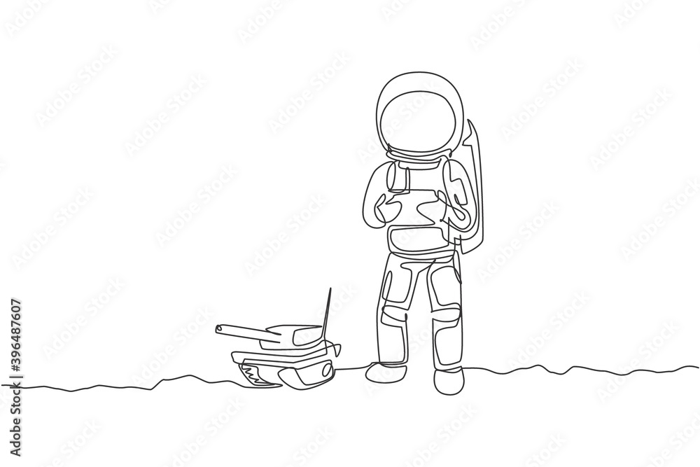 Aufkleber one continuous line drawing of astronaut playing war tank radio control in moon cosmic galaxy. outer