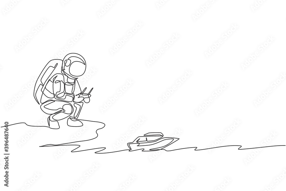 Poster one single line drawing of astronaut playing speed boat radio control in moon land graphic vector il