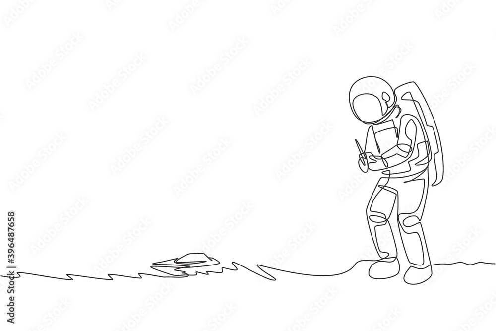 Poster one continuous line drawing of astronaut playing speed boat radio control in moon cosmic galaxy. out