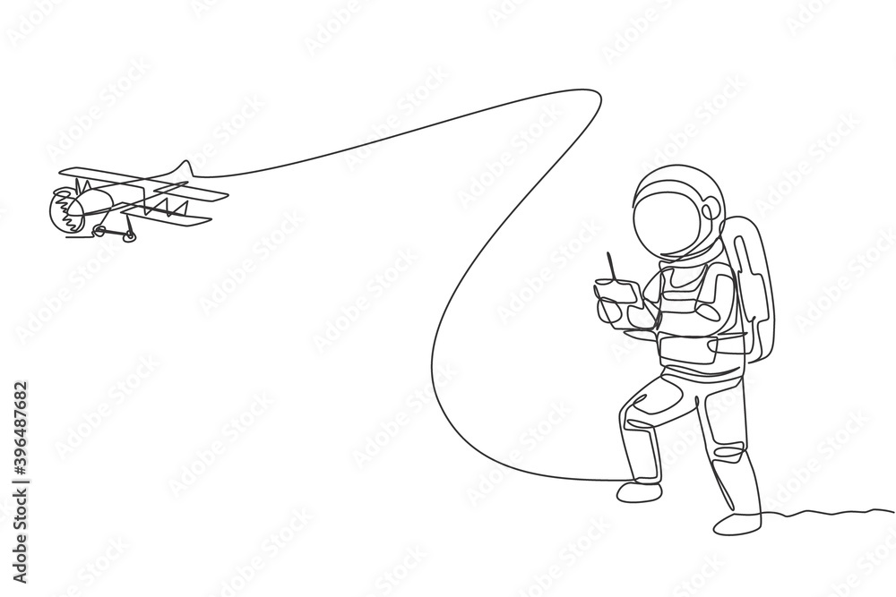 Aufkleber single continuous line drawing of astronaut playing airplane radio control in moon surface. having f